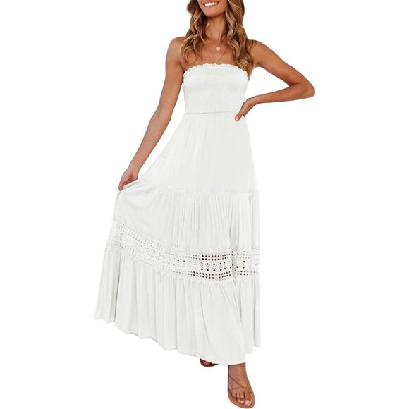 Women'sSummer Bohemian Strapless Off Shoulder Lace Trim BacklessMaxi Dress
